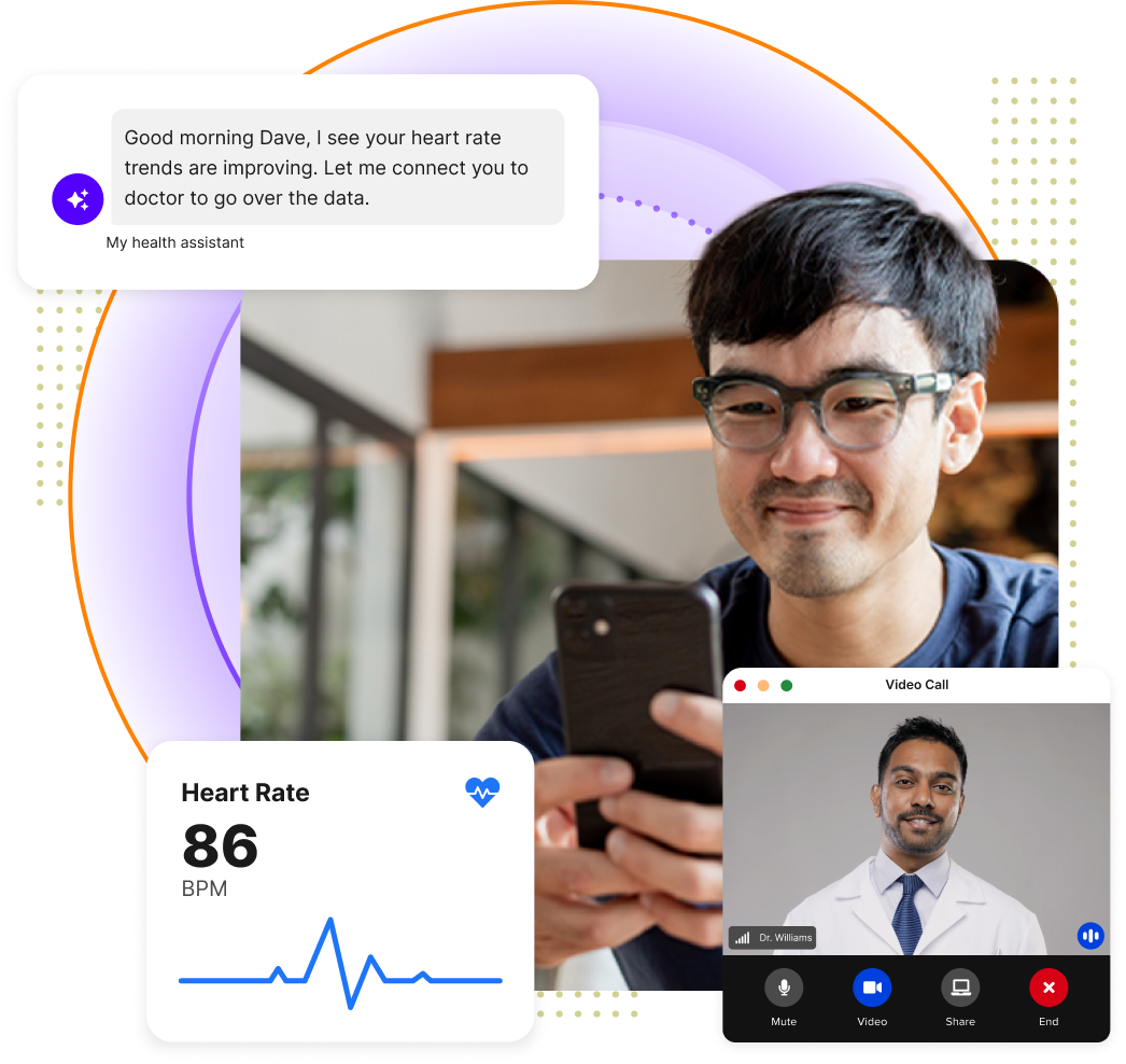 Patient using Pager Health's scalable care navigation and engagement platform with proactive reminders, virtual doctor visit, and integrated health device data