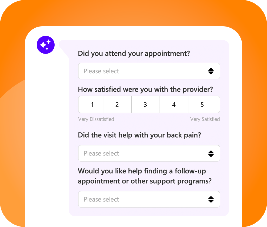 mobile app screen showing a follow-up survey with rating and dropdown questions
